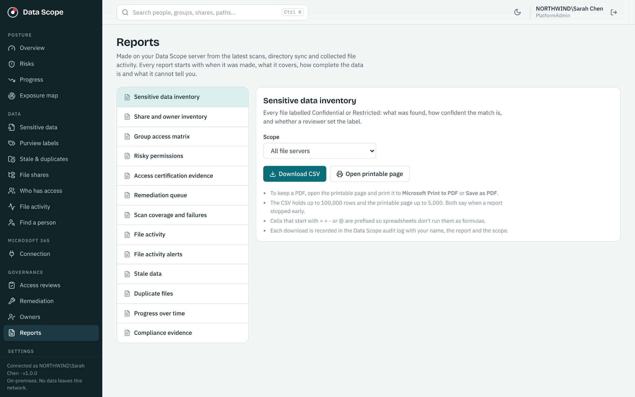 DataScope reports for sensitive data, permissions, access reviews, coverage and activity