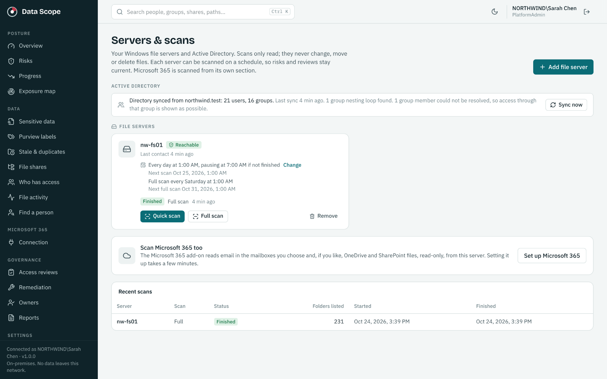 DataScope server and scan settings showing scheduled scans and read only collection